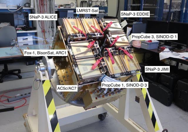 The 13 cubesats to be launched on NRO 55 are mounted in a GRACE carrier on aft end of the Centaur upper stage. Photo Credit: AMSAT