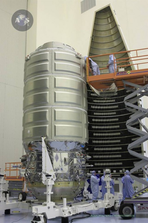 The OA-4 Cygnus spacecraft "Deke Slayton II" in the clean room at KSC recently, packed full with over 7,700 pounds of supplied for the ISS. Photo Credit: Alan Walters / AmericaSpace