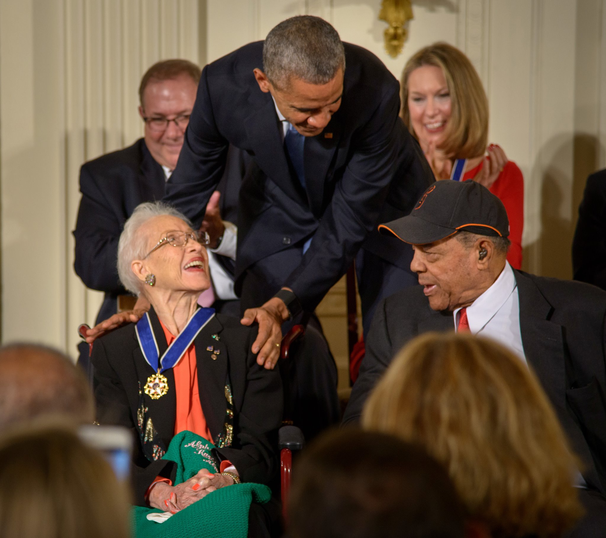 Katharine Johnson smiles at President Barack Obama shortly after receiving the Presidential Medal of Freedom. Photo Credit: NASA/Bill Ingalls