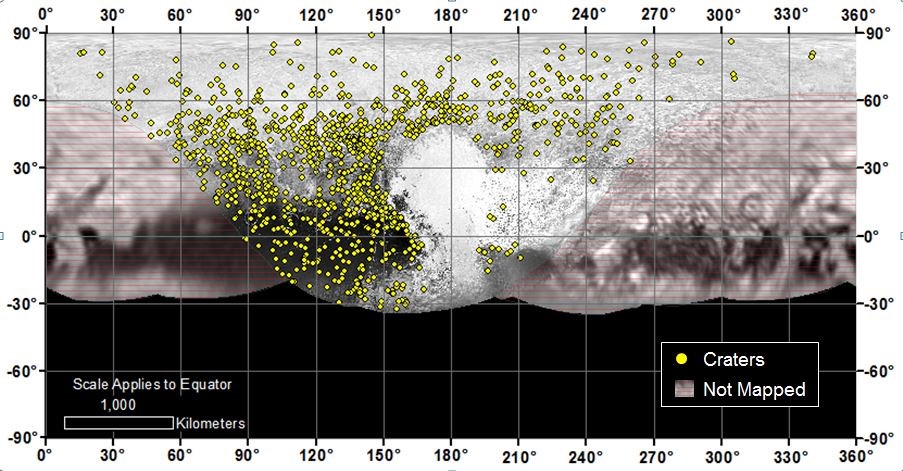 Crater counts on Pluto reveal a wide range of ages of different terrain, from ancient to geologically young. Image Credit: NASA/JHUAPL/SwRI