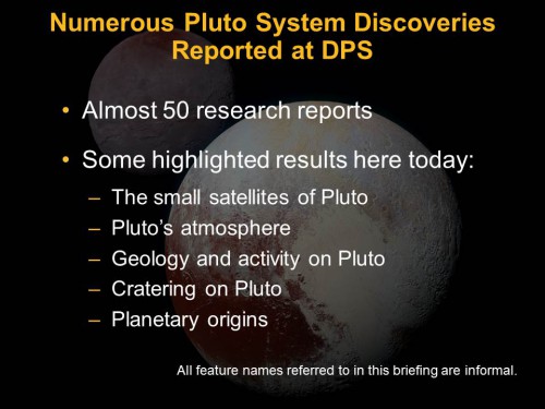 Highlights of Pluto discoveries from the DPS meeting presentation. Image Credit: NASA/Johns Hopkins University Applied Physics Laboratory/Southwest Research Institute