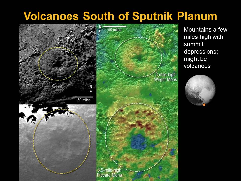 Slide from the DPS meeting showing possible ice volcanoes on Pluto. Image Credit: NASA/Johns Hopkins University Applied Physics Laboratory/Southwest Research Institute
