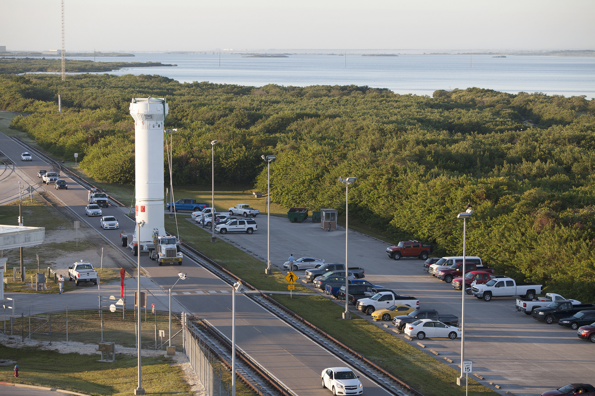 At Cape Canaveral Air Force Station in Florida, a United Launch Alliance (ULA) centaur stage is transported to Launch Complex 41. Along with a ULA Atlas V rocket, it will boost the Orbital ATK Cygnus OA-4 spacecraft on a commercial resupply services mission to the International Space Station. Photo Credit: NASA / Dimitrios Gerondidakis