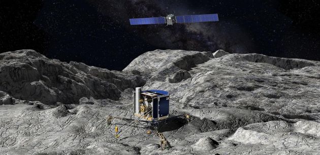 Artist's concept of Philae on the surface of Comet 67P, with the Rosetta spacecraft orbiting overhead. Image Credit: CNES/DUCROS David/ESA/Rosetta/MPS for OSIRIS Team MPS/UPD/LAM/IAA/SSO/INTA/UPM