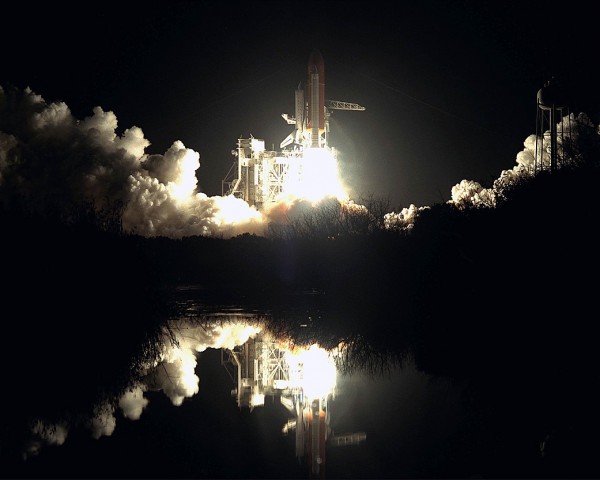 Atlantis roars into the night at 7:29 p.m. EST on 26 November 1985. Photo Credit: NASA, via Joachim Becker/SpaceFacts.de