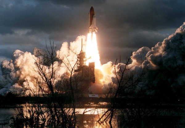 On the cusp of daybreak, Atlantis rockets into orbit on 12 November 1995. Photo Credit: NASA, via Joachim Becker/SpaceFacts.de