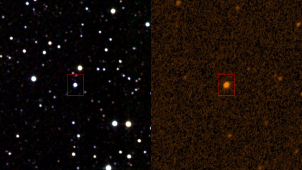 The star KIC 8462852 as seen in infrared wavelengths (left) and in the ultraviolet (right). Image Credit:  IPAC/NASA/STScI/Wikipedia