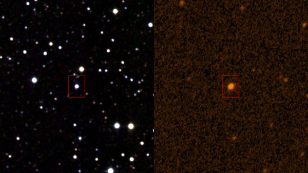 The star KIC 8462852 as seen in infrared wavelengths (left) and in the ultraviolet (right). Image Credit: IPAC/NASA/STScI/Wikipedia