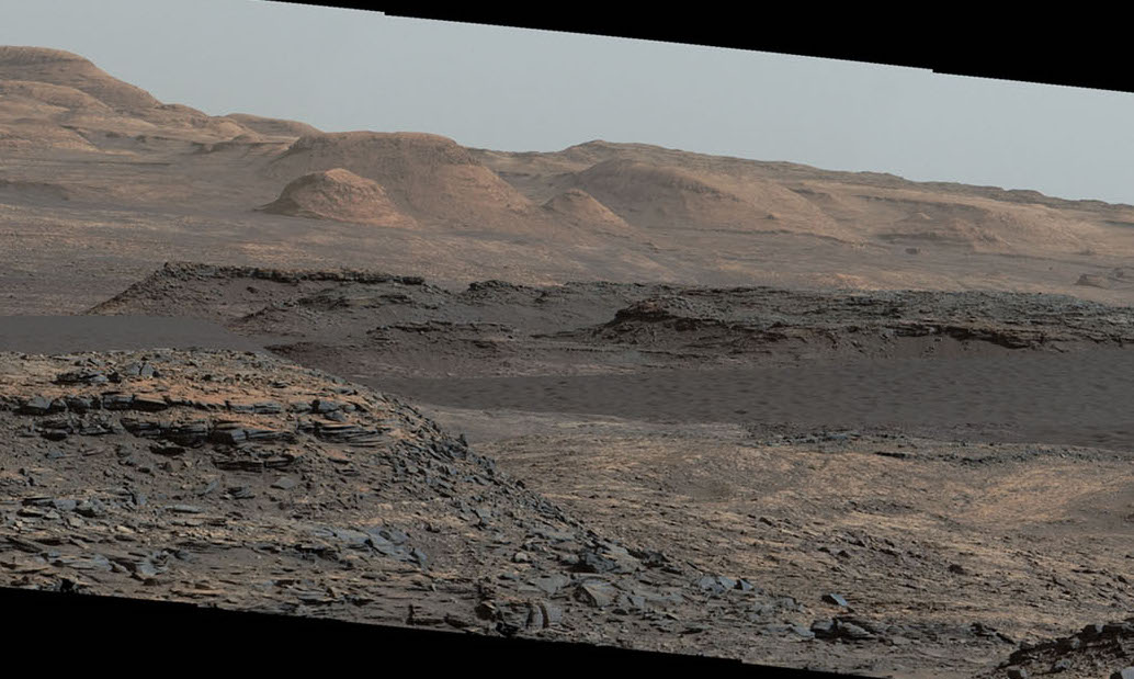 The edge of a dark sand dune field can be seen in this false-color Curiosity image from sol 1115. Image Credit: NASA/JPL-Caltech/MSSS