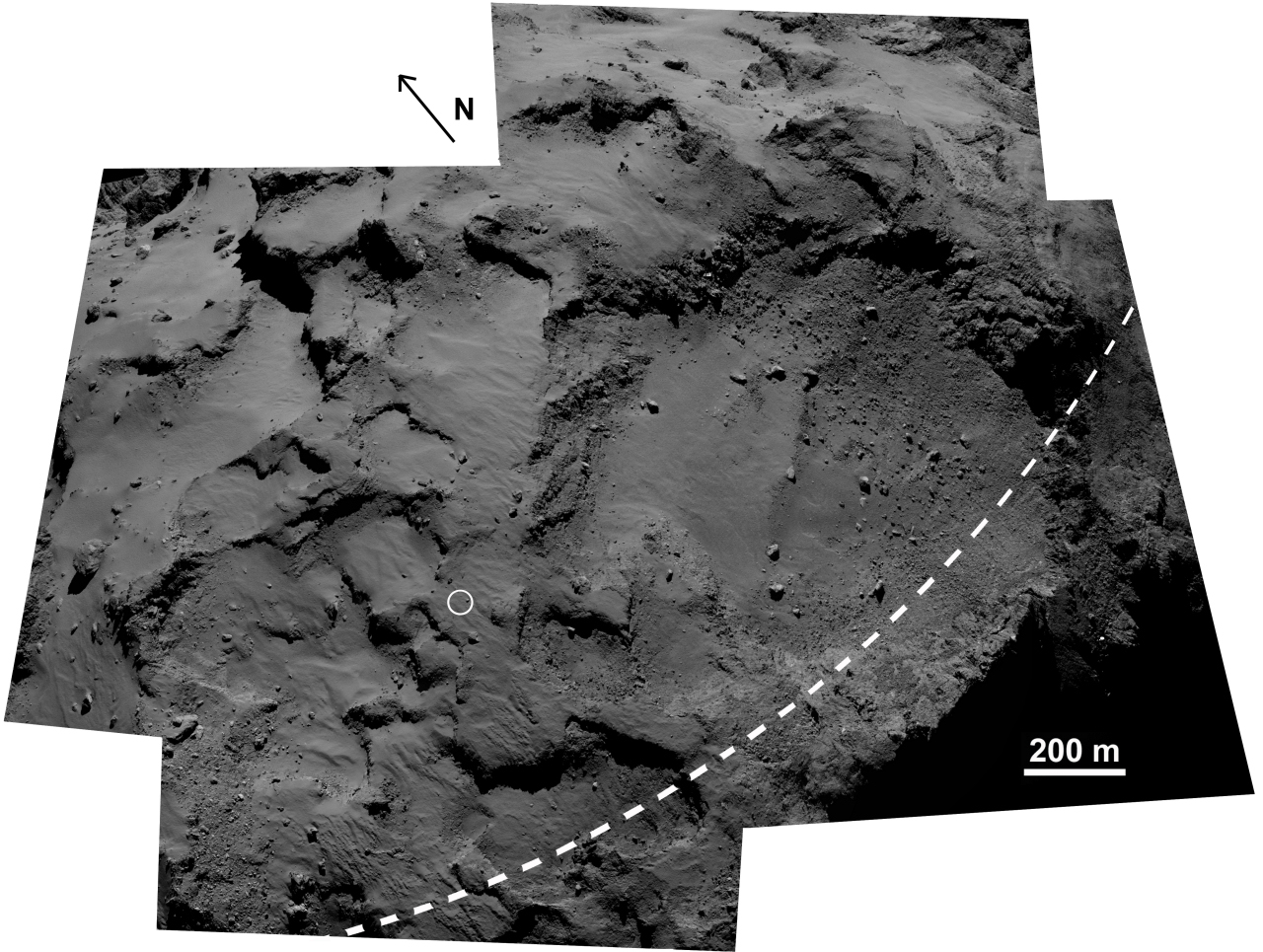 From ESA: " The Agilkia area on comet 67P/Churyumov-Gerasimenko. The circle indicates where Philae touched down for the first time on 12 November 2014. The dashed line marks the comet's equator. The large depression is the Hatmehit region. This image is a composite of five frames from the OSIRIS Narrow Angle Camera, acquired on 14-15 September 2014." Image Credit: ESA/Rosetta/MPS for OSIRIS Team MPS/UPD/LAM/IAA/SSO/INTA/UPM/DASP/IDA