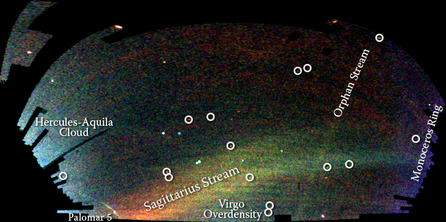 A map of stars in the outer regions of our Milky Way galaxy, derived from images taken with the Sloan Digital Sky Survey, showing several streams of stars that were torn away from a satellite dwarf galaxy to the Milky Way. Could similar streams of dark matter actually be flowing through the galaxy, as has been predicted by theory? Image Credit: V. Belokurov and the Sloan Digital Sky Survey