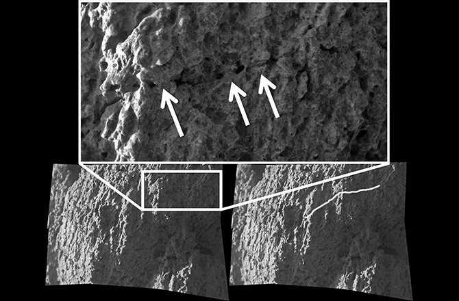 Microscopic Imager mosaic showing a a pre-existing crack being "healed over," which is evidence for the gel weathering alteration process. The image is from a Watchtower Class outcrop named Hillary on the Husband Hill summit. Image Credit: NASA/JPL/S. Cole