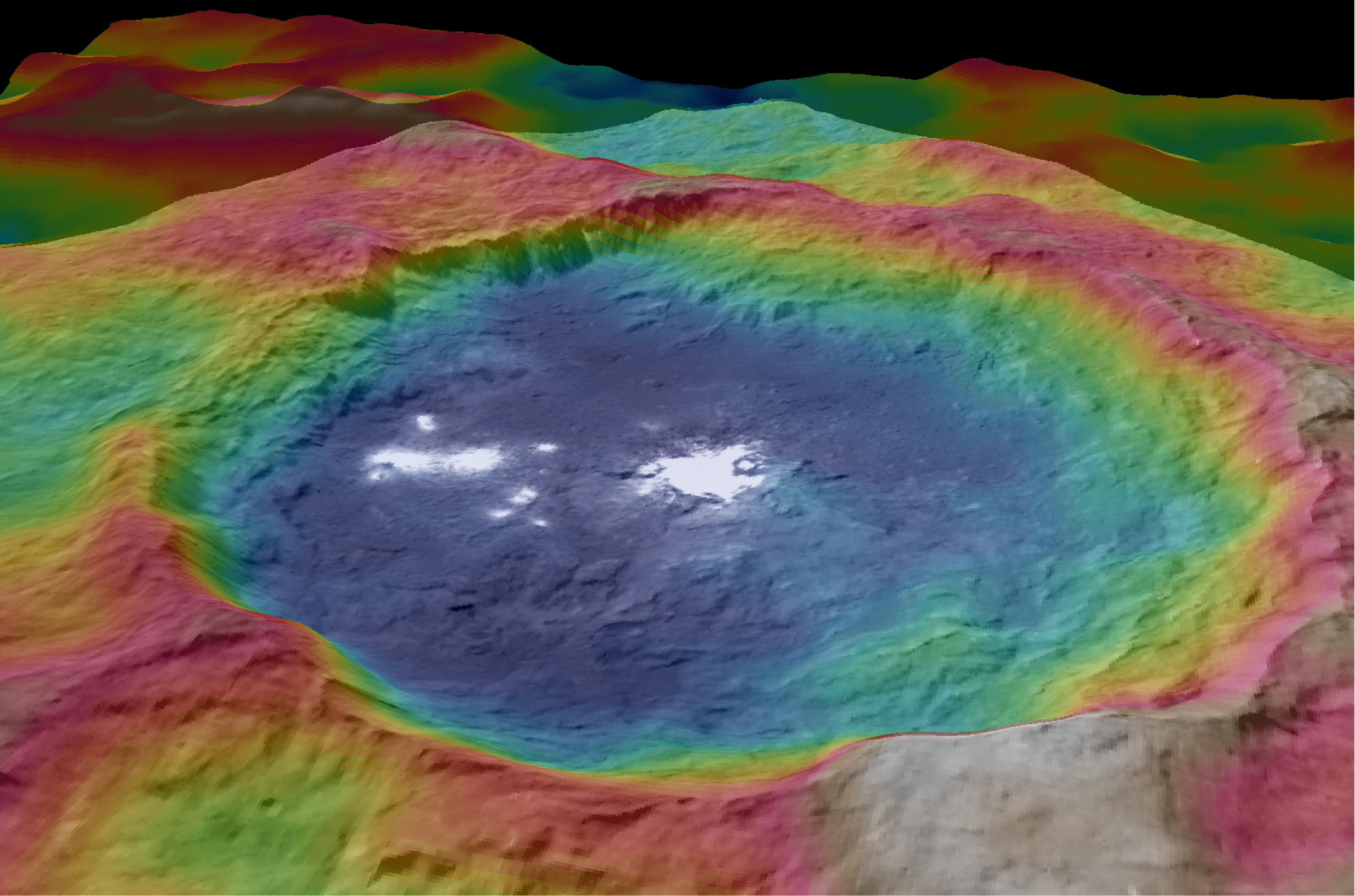 From NASA/JPL: "This view, made using images taken by NASA's Dawn spacecraft, is a color-coded topographic map of Occator crater on Ceres. Blue is the lowest elevation, and brown is the highest. The crater, which is home to the brightest spots on Ceres, is approximately 56 miles (90 kilometers wide)." Occator is home to Ceres' "bright spots." Image Credit: NASA/JPL-Caltech/UCLA/MPS/DLR/IDA
