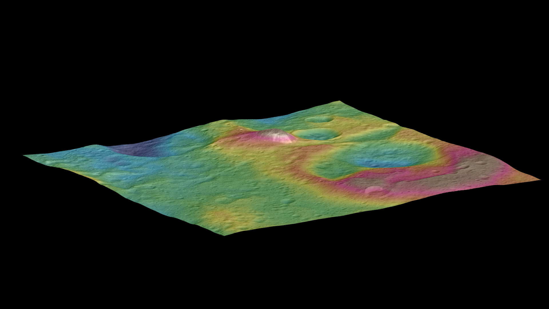 From NASA/JPL: "This view, made using images taken by NASA's Dawn spacecraft, features a tall conical mountain on Ceres. Elevations span a range of about 5 miles (8 kilometers) from the lowest places in this region to the highest terrains. Blue represents the lowest elevation, and brown is the highest. The white streaks seen running down the side of the mountain are especially bright parts of the surface." Image Credit: NASA/JPL-Caltech/UCLA/MPS/DLR/IDA/PSI