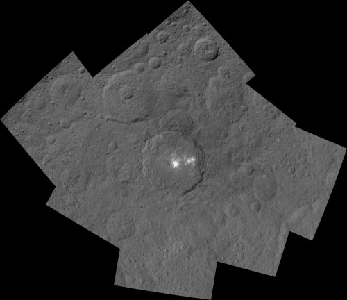 From NASA/JPL: "This mosaic shows Ceres' Occator crater and surrounding terrain from an altitude of 915 miles (1,470 kilometers), as seen by NASA's Dawn spacecraft. Occator is 60 miles (90 kilometers) across and 2 miles (4 kilometers) deep." Image Credit: NASA/JPL-Caltech/UCLA/MPS/DLR/IDA