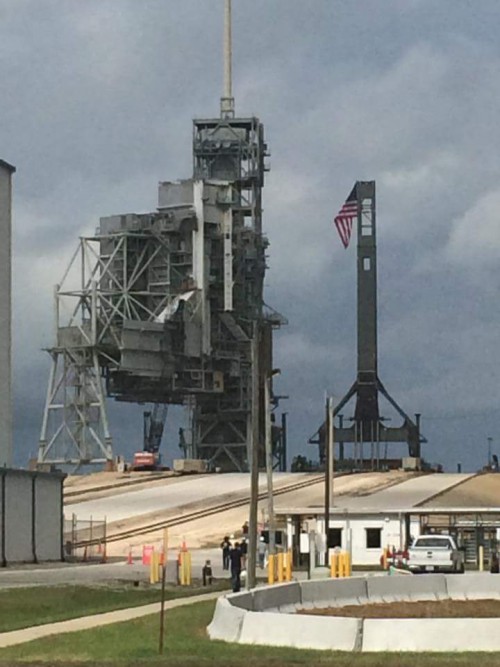 SpaceX's gigantic Transporter Erector (TE), pictured at the Pad 39A site during its two days of tests, last weekend. The TE was reportedly returned to horizontal configuration on Monday. Photo Credit: SpaceX Facebook Group, used with permission