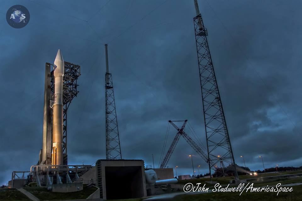 Atlas-V with Cygnus OA-4 standing on the pad waiting for weather to cooperate. Next launch attempt is Saturday at 5:10 p.m. EST. Photo Credit: John Studwell / AmericaSpace