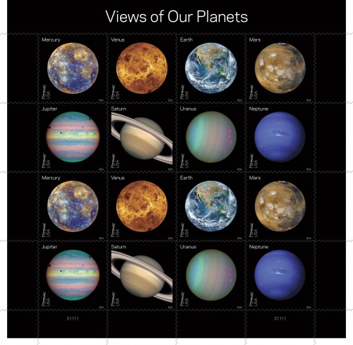 The USPS will also be releasing a pane of 16 stamps with eight different full color designs picturing Mercury, Venus, Earth, Mars, Jupiter, Saturn, Uranus and Neptune against black backgrounds in 2016. Image Credit: USPS