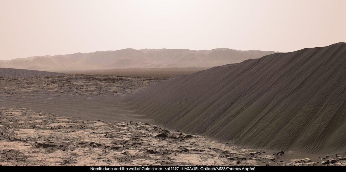 A stunning view of Namib Dune as seen by the Curiosity rover. Image Credit: NASA/JPl-Caltech/MSSS/Thomas Appéré