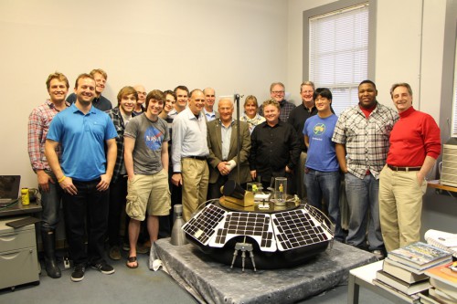 Moon Express with their MX-1 Lander, joined by moonwalker Buzz Aldrin. Photo Credit: Moon Express