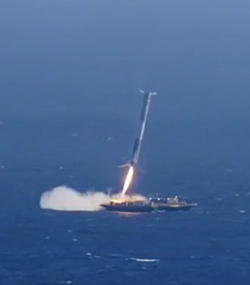 The Falcon-9 CRS-6 first stage booster just before touching down on the company's offshore "Autonomous Spaceport Drone Ship". According to SpaceX leader Elon Musk, the rocket came down with excess lateral velocity, causing it to tip over post landing. Photo Credit: SpaceX
