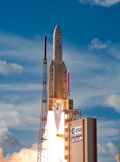 From ESA: "The James Webb Space Telescope will launch on an Ariane 5 ECA in October 2018. The image here shows an Ariane 5 ECA lifting off from Europe's Spaceport in French Guiana on 25 July 2013, carrying Europe’s telecom satellite Alphasat." Photo Credit: ESA/CNES/Arianespace