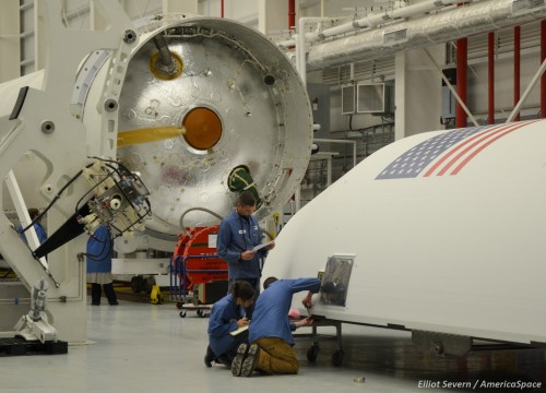 The payload fairing and core stage for the OA-5 mission, which will mark Antares return to flight and the inaugural voyage of the new "230" variant of the booster. Photo Credit: Elliot Severn/AmericaSpace