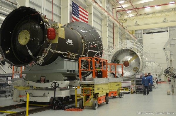 The Castor 30XL upper stage for OA-5 and the Antares core stage for the hot fire/OA-7. Photo Credit: Elliot Severn / AmericaSpace
