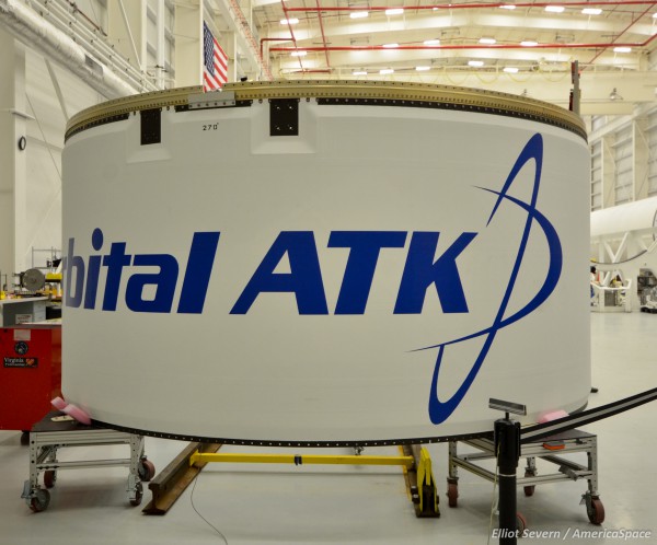 The new Orbital ATK logo on the Antares OA-5 interstage. Photo Credit: Elliot Severn / AmericaSpace