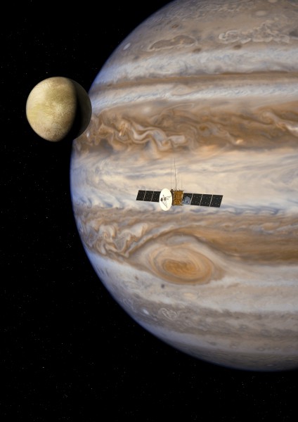 An artist's impression of JUICE passing close to Europa, also slated for exploration by NASA in the 2020s. Image Credit: ESA/AOES