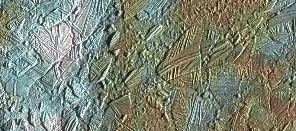 The "chaos terrain" on Europa, where material from the ocean below, such as minerals or salts, is thought to be deposited on the surface. Image Credit: NASA/JPL/University of Arizona