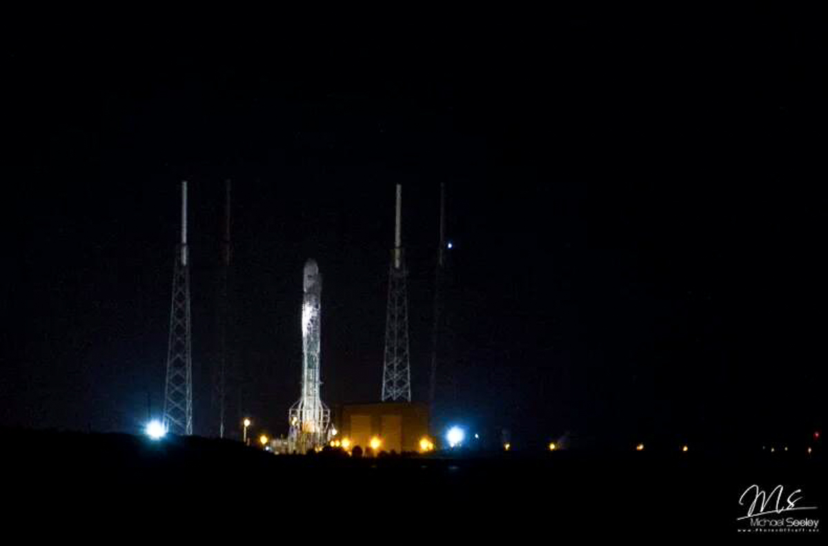 After several delays SpaceX conducted their standard static test fire at SLC-40 this evening at Cape Canaveral AFS in Florida, paving the way for a NET Sunday launch attempt, which will mark the inaugural flight of the upgraded SpaceX Falcon-9 rocket, previously known informally as the "Full Thrust" (FT) or "v1.2". Photo Credit: Michael Seeley / www.PhotosOfStuff.net