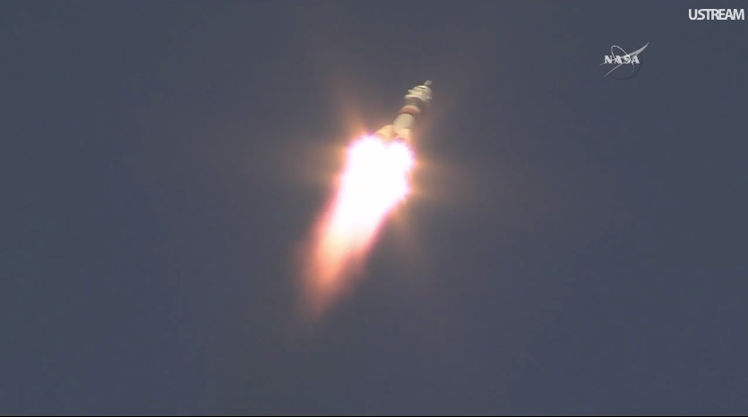 The Soyuz TMA-19M rocket is launched with Expedition 46 Soyuz Commander Yuri Malenchenko of the Russian Federal Space Agency (Roscosmos), Flight Engineer Tim Kopra of NASA, and Flight Engineer Tim Peake of ESA (European Space Agency), Tuesday, Dec. 15, 2015 at the Baikonur Cosmodrome in Kazakhstan. Malenchenko, Kopra, and Peake will spend the next six-months living and working aboard the International Space Station. Photo Credit: NASA TV