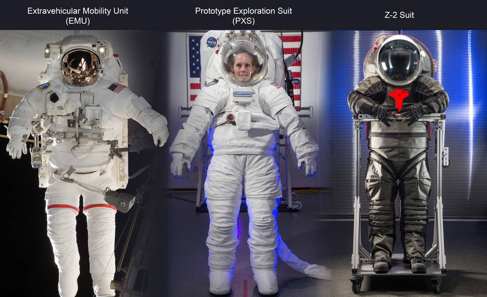 Left to right: Extravehicular Mobility Unit (EMU), Prototype Exploration Suit (PXS), and Z-2 Suit. Photo Credit: NASA