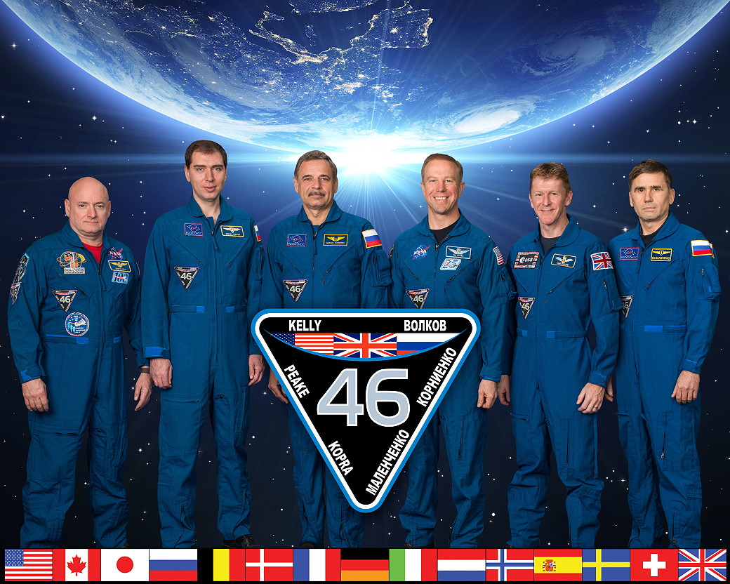 The Expedition 46 crew will be the next group of humans to spend the New Year away from the Home Planet. From left are Scott Kelly, Sergei Volkov, Mikhail Kornienko, Tim Kopra, Tim Peake and Yuri Malenchenko. Photo Credit: NASA