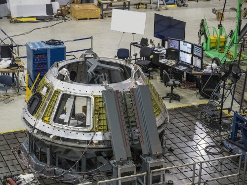 Lockheed Martin team in New Orleans, LA, completed the final weld of the cone section of the Exploration Mission 1 crew module pressure vessel. Of the total 7 welds required to complete the pressure vessel, only 2 remain. The completed pressure vessel will then ship to the Kennedy Space Center for final assembly. Photo Credit: NASA