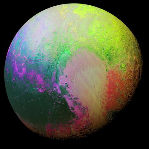 "Psychedelic" Pluto, as seen by New Horizons on July 14, 2015. Image Credit: NASA/JHUAPL/SwRI