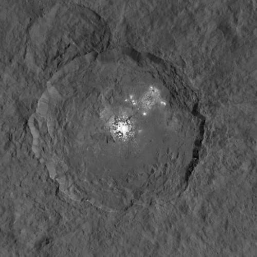 The best view so far of the odd bright spots in Occator crater, now thought to be salt deposits. Images from the lowest orbit will be even better. Image Credit: NASA/JPL-Caltech/UCLA/MPS/DLR/IDA