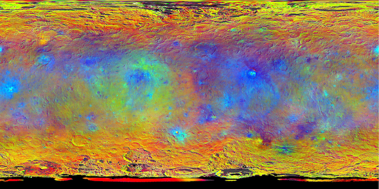 Color-coded map of Ceres. Occator crater, with the brightest spots, is middle-right of center. Image Credit: NASA/JPL-Caltech/UCLA/MPS/DLR/IDA