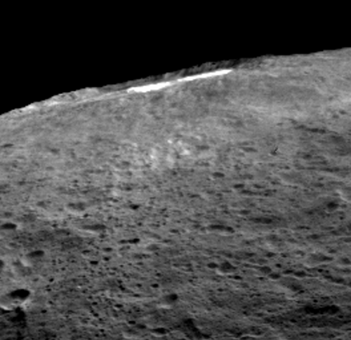 Oblique view of Occator crater and the bright spots on Ceres. Image Credit: NASA/JPL-Caltech/UCLA/MPS/DLR/IDA