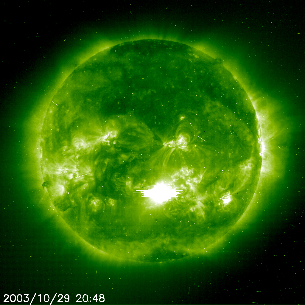 Massive X-10 solar flare, detected by the joint NASA/ESA Solar and Heliospheric Observatory (SOHO) in October 2003. The Sun-watching spacecraft was launched 20 years ago, tomorrow, on 2 December 1995. Photo Credit: NASA