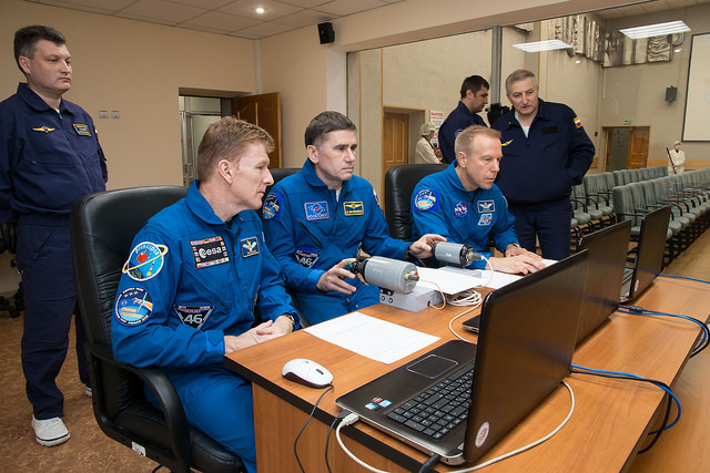 The Soyuz TMA-19M undergo final training preparations at Baikonur. From left are Britain's Tim Peake, Russian cosmonaut Yuri Malenchenko and U.S. astronaut Tim Kopra. The trio will spend almost six months aboard the International Space Station (ISS). Photo Credit: NASA