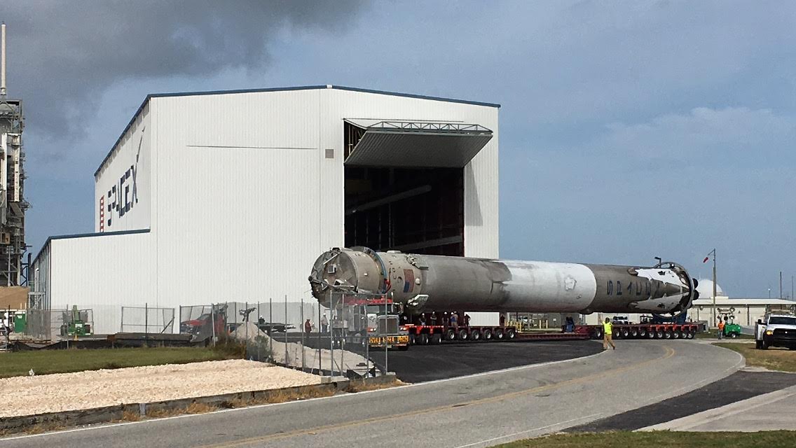 SpaceX's first upgraded Falcon 9 first-stage booster to launch payload to space and land back at Cape Canaveral is seen here arriving at the company's Launch Complex 39A, the historic site of many of NASA's Apollo and Space Shuttle missions previously. The booster will now undergo numerous tests at the launch site where SpaceX will soon begin launching their Falcon Heavy and crewed ISS missions. Photo Credit: Shannon Gordon (used with permission)