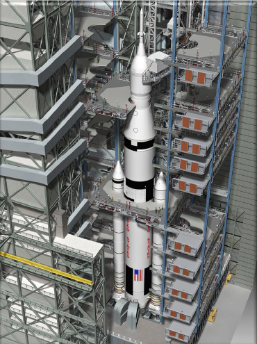 An artist illustration of the new work platforms surrounding NASA's Space Launch System and Orion spacecraft in High Bay 3 of the Vehicle Assembly Building at Kennedy Space Center in Florida. Credits: NASA