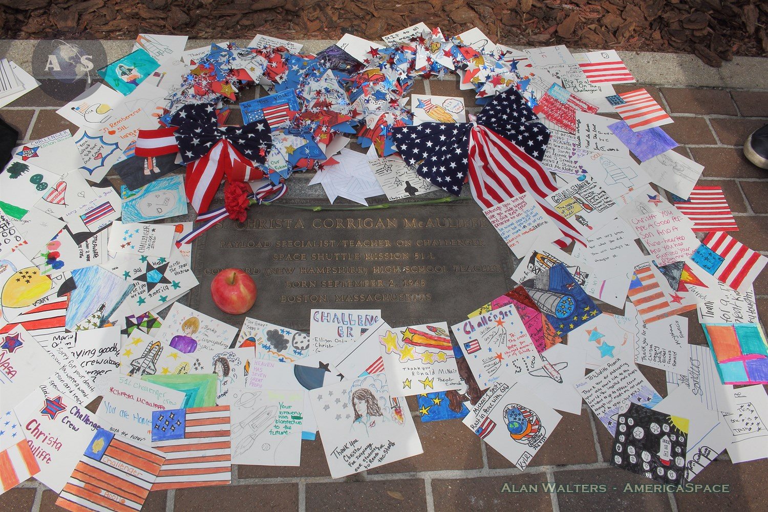 Christa McAuliffe's plaque received the gift of schoolchildren's notes. Photo Credit: Alan Walters / AmericaSpace