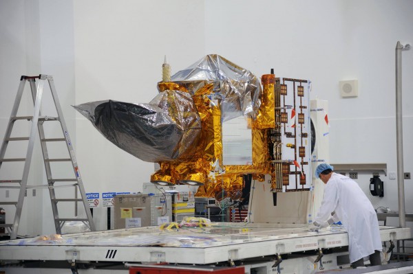 The Jason-3 satellite undergoing final preparations for placement within a payload fairing for launch. Photo Credit: NASA