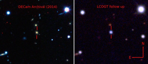 Pseudo-color images showing the host galaxy before the explosion of ASASSN-15lh taken by the Dark Energy Camera (DECam) [Left], and the supernova by the Las Cumbres Observatory Global Telescope Network (LCOGT) 1-meter telescope network [Right]. (Image Credit: The Dark Energy Survey, B. Shappee and the ASAS-SN team)