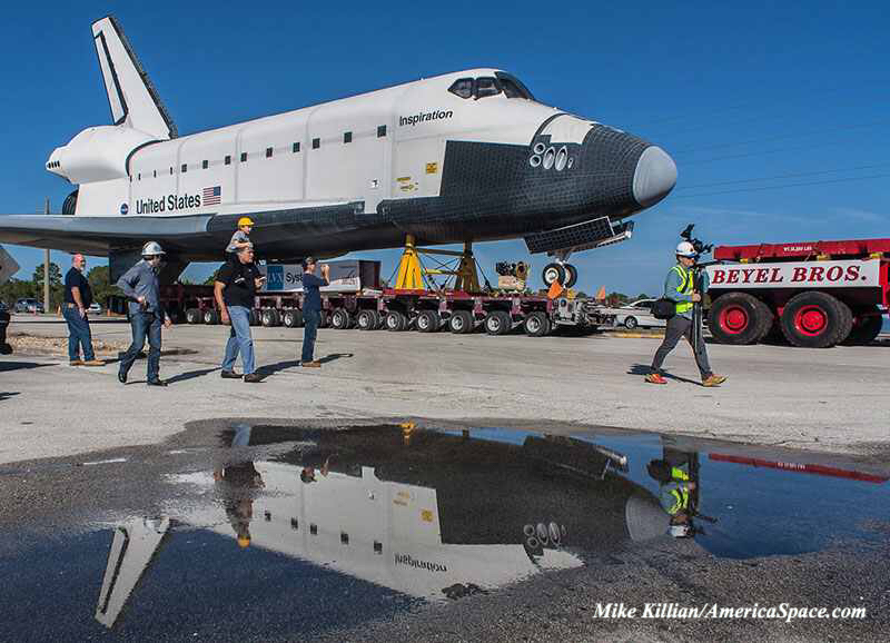 "Inspiration" on the move: On Saturday, Jan. 16, the space shuttle mockup was moved from its mounts to a new home across the Indian River. Photo Credit: Mike Killian/AmericaSpace