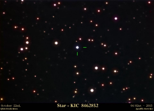 The star in question, KIC 8462852. Photo Credit: Efraín Morales, of the Astronomical Society of the Caribbean (SAC)