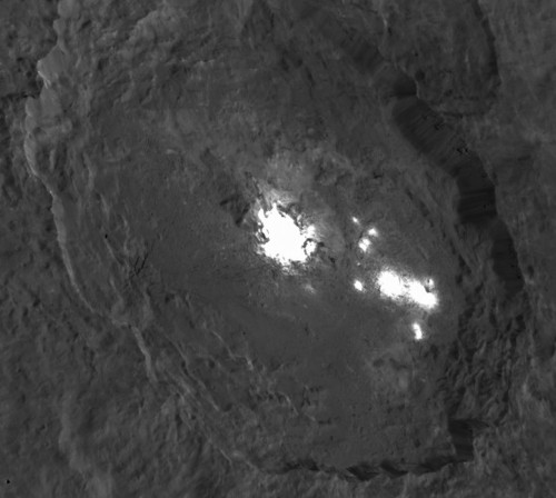 Oblique view of the brightest spots, in Occator crater. Image Credit: NASA/JPL-Caltech/UCLA/MPS/DLR/IDA
